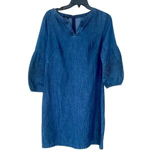 Talbots Pleated Lantern Puffy 3/4 Sleeve Dark Navy Denim Shift Dress Size 6